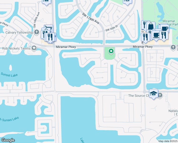 map of restaurants, bars, coffee shops, grocery stores, and more near 3542 Southwest 180th Way in Miramar