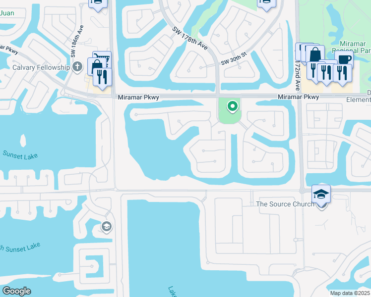 map of restaurants, bars, coffee shops, grocery stores, and more near 3542 Southwest 180th Way in Miramar
