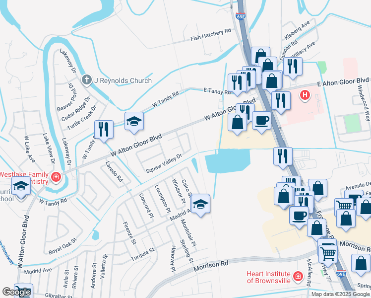 map of restaurants, bars, coffee shops, grocery stores, and more near 1239 Squaw Valley Drive in Brownsville