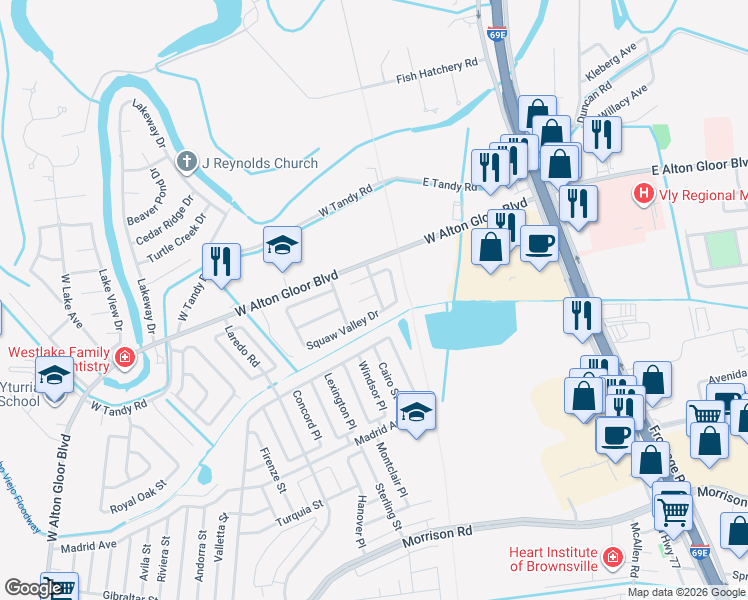 map of restaurants, bars, coffee shops, grocery stores, and more near 1239 Squaw Valley Drive in Brownsville