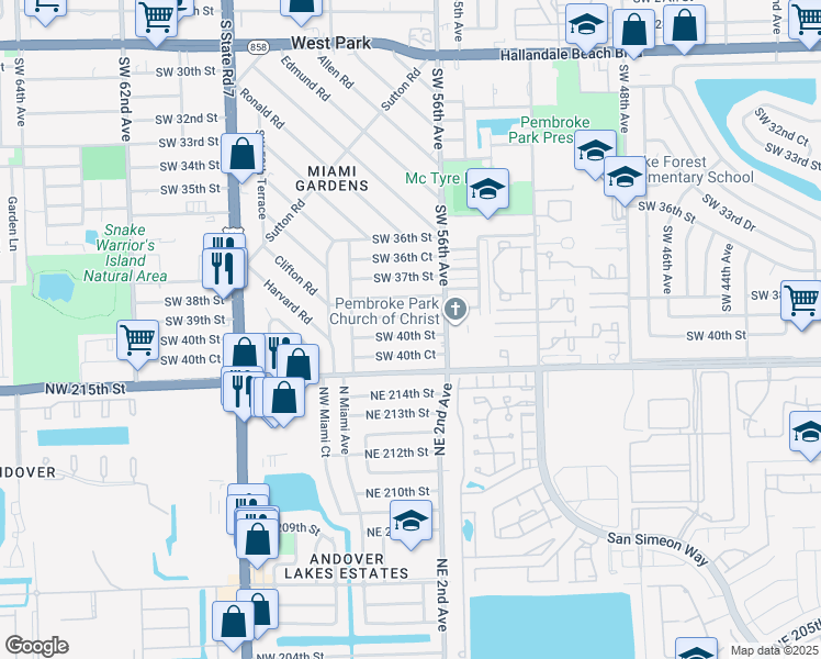 map of restaurants, bars, coffee shops, grocery stores, and more near 5620 Southwest 40th Street in West Park