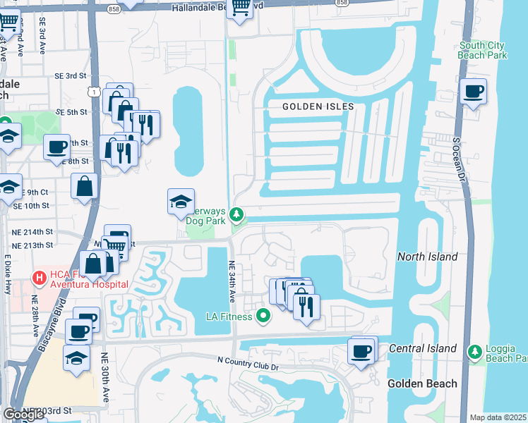 map of restaurants, bars, coffee shops, grocery stores, and more near 479 Holiday Drive in Hallandale Beach
