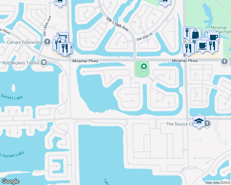 map of restaurants, bars, coffee shops, grocery stores, and more near 3542 Southwest 180th Way in Miramar