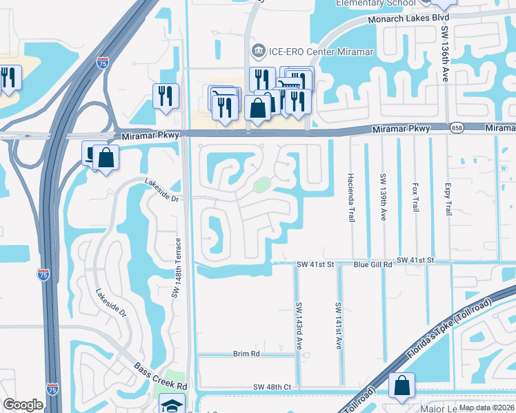 map of restaurants, bars, coffee shops, grocery stores, and more near 14520 Southwest 37th Street in Miramar