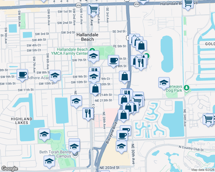 map of restaurants, bars, coffee shops, grocery stores, and more near 2834 Northeast 214th Terrace in Miami