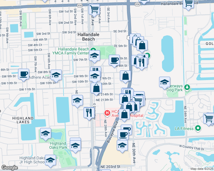 map of restaurants, bars, coffee shops, grocery stores, and more near 2834 Northeast 214th Terrace in Miami