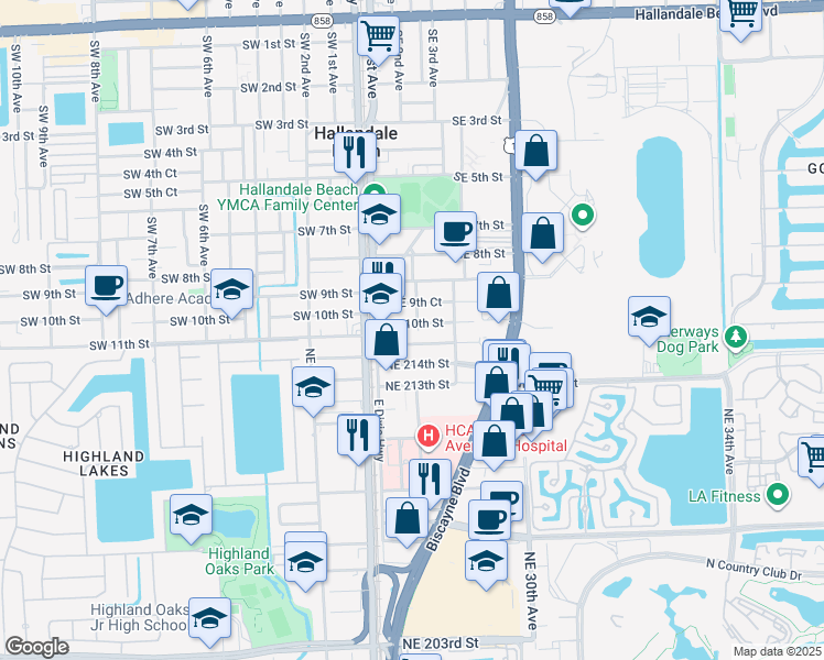 map of restaurants, bars, coffee shops, grocery stores, and more near 2756 Northeast 214th Terrace in Miami