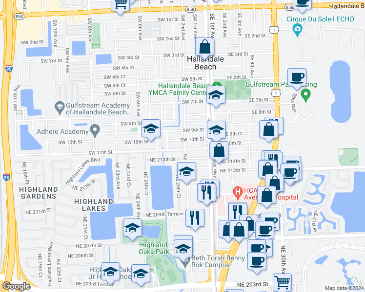 map of restaurants, bars, coffee shops, grocery stores, and more near 2540 Northeast 215th Street in Miami