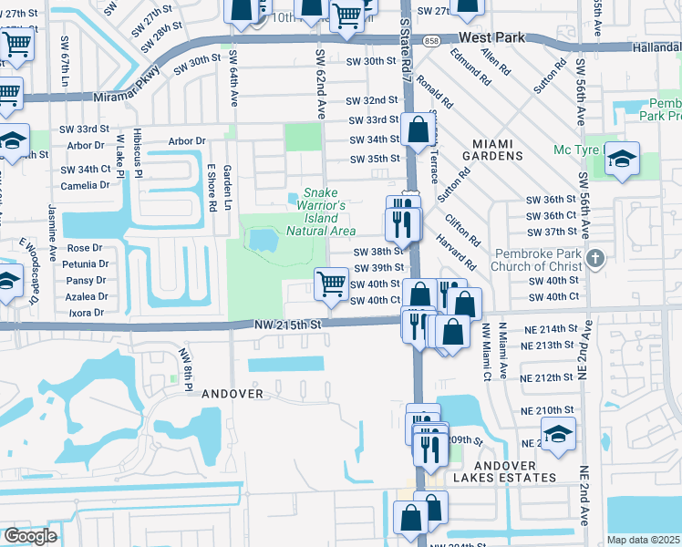 map of restaurants, bars, coffee shops, grocery stores, and more near 6128 Southwest 40th Street in Miramar