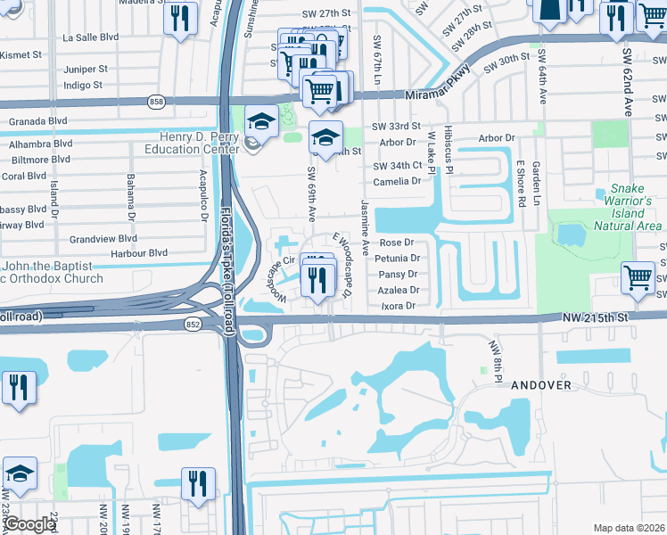 map of restaurants, bars, coffee shops, grocery stores, and more near 6822 Southwest 39th Street in Miramar
