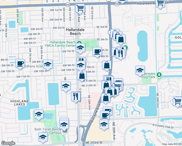 map of restaurants, bars, coffee shops, grocery stores, and more near 2834 Northeast 214th Terrace in Miami