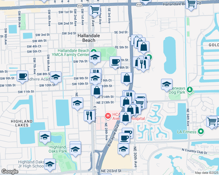map of restaurants, bars, coffee shops, grocery stores, and more near 2834 Northeast 214th Terrace in Miami