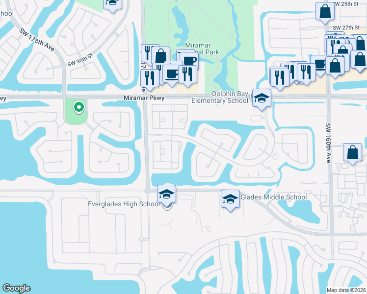 map of restaurants, bars, coffee shops, grocery stores, and more near 3858 Southwest 169th Terrace in Miramar