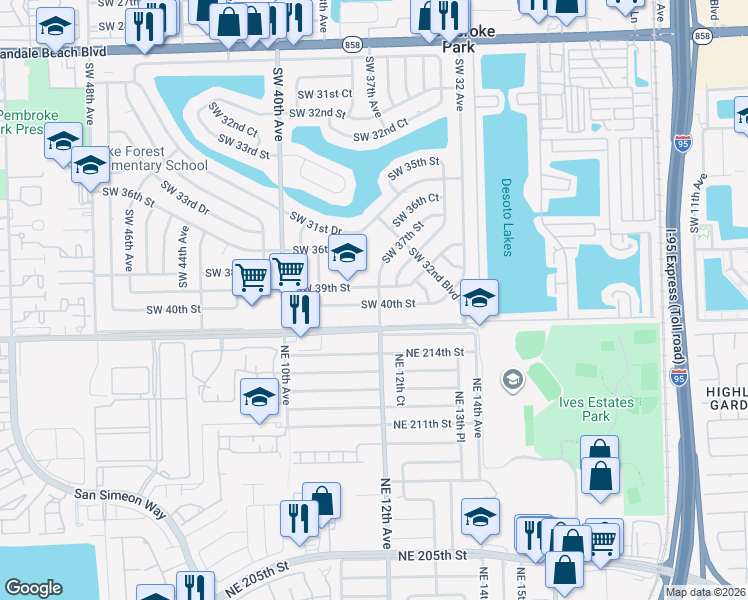 map of restaurants, bars, coffee shops, grocery stores, and more near 3725 Southwest 41st Street in Hollywood
