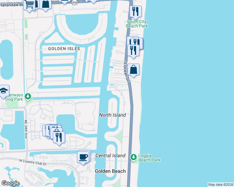 map of restaurants, bars, coffee shops, grocery stores, and more near 660 Golden Beach Drive in Golden Beach