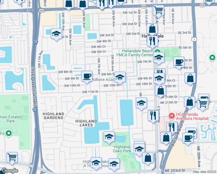 map of restaurants, bars, coffee shops, grocery stores, and more near 2320 Northeast 215th Street in Miami