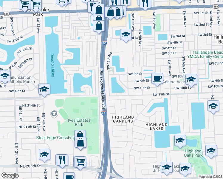 map of restaurants, bars, coffee shops, grocery stores, and more near 6 Southwest 11th Street in Hallandale Beach