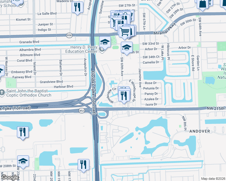 map of restaurants, bars, coffee shops, grocery stores, and more near 69 Southwest 38th Court in Miramar