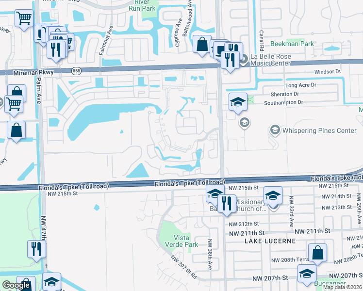 map of restaurants, bars, coffee shops, grocery stores, and more near 3476 Foxcroft Road in Miramar