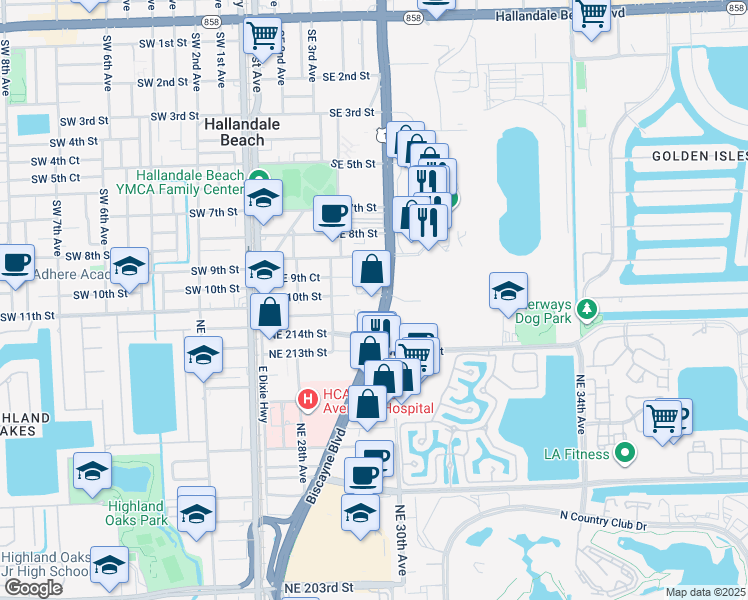 map of restaurants, bars, coffee shops, grocery stores, and more near 1010 South Federal Highway in Hallandale Beach