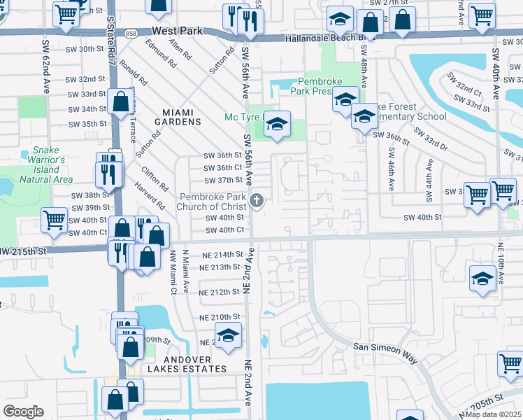 map of restaurants, bars, coffee shops, grocery stores, and more near 3707 Southwest 56th Avenue in Pembroke Park