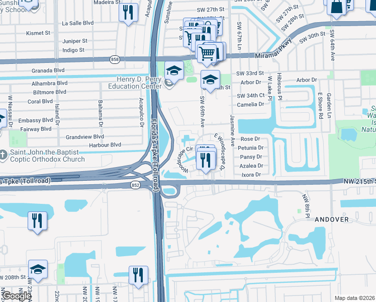 map of restaurants, bars, coffee shops, grocery stores, and more near 69 Southwest 38th Court in Miramar