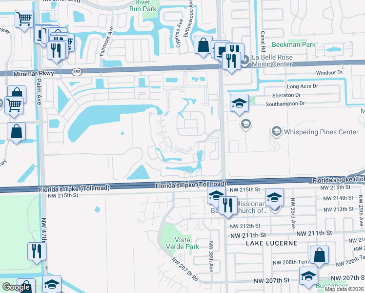 map of restaurants, bars, coffee shops, grocery stores, and more near 3476 Foxcroft Road in Miramar