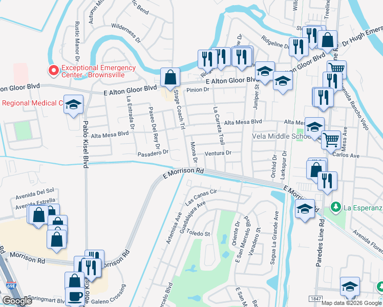map of restaurants, bars, coffee shops, grocery stores, and more near 4708 Mona Drive in Brownsville