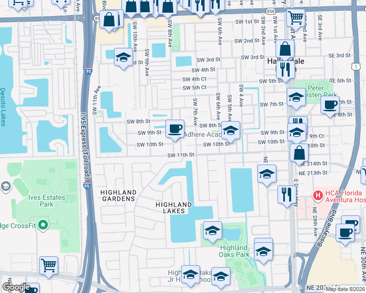 map of restaurants, bars, coffee shops, grocery stores, and more near 1001 Southwest 7th Terrace in Hallandale Beach
