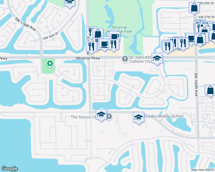 map of restaurants, bars, coffee shops, grocery stores, and more near 16995 Southwest 38th Street in Miramar