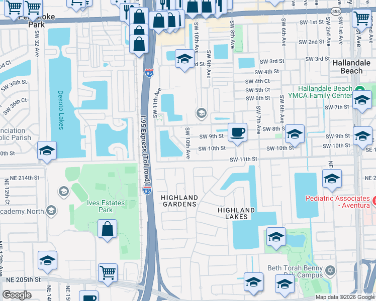 map of restaurants, bars, coffee shops, grocery stores, and more near 1000 Southwest 10th Avenue in Hallandale Beach