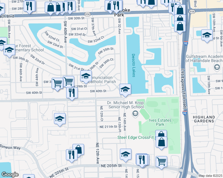 map of restaurants, bars, coffee shops, grocery stores, and more near 3931 Southwest 34th Avenue in West Park