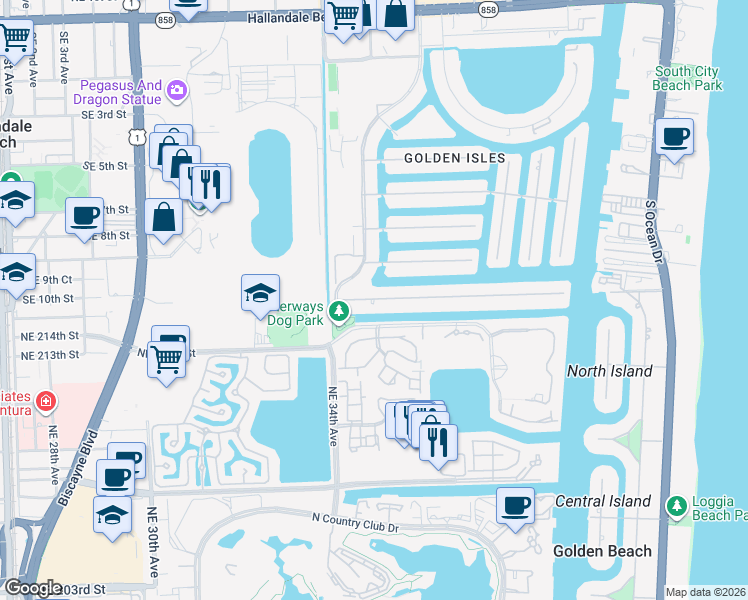 map of restaurants, bars, coffee shops, grocery stores, and more near 484 Holiday Drive in Hallandale Beach