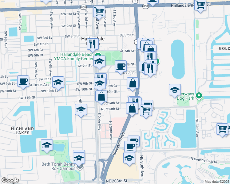 map of restaurants, bars, coffee shops, grocery stores, and more near 228 Southeast 9th Court in Hallandale Beach