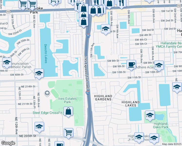 map of restaurants, bars, coffee shops, grocery stores, and more near 1050 Southwest 11th Avenue in Hallandale Beach
