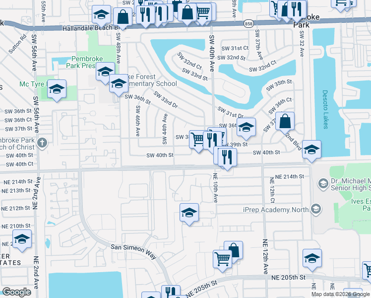 map of restaurants, bars, coffee shops, grocery stores, and more near 4220 Southwest 38th Street in West Park