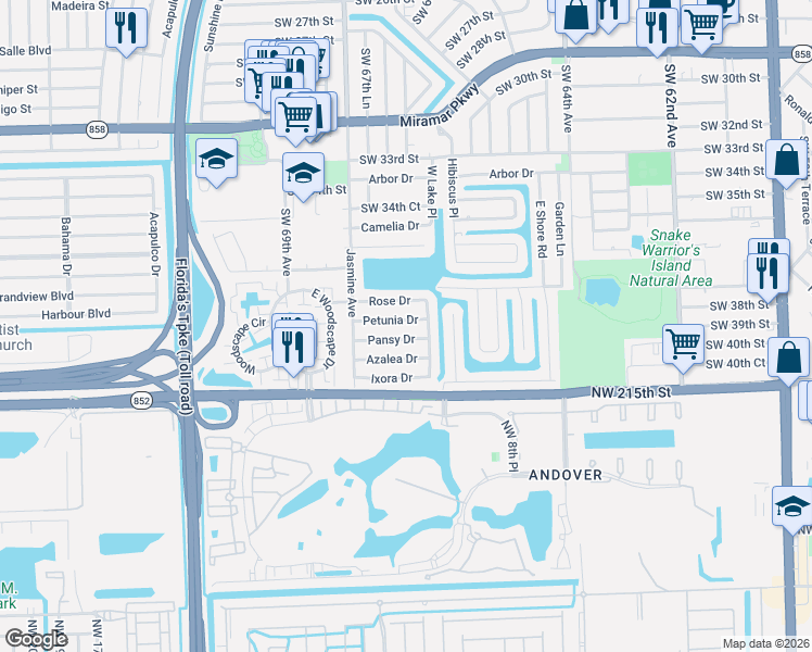 map of restaurants, bars, coffee shops, grocery stores, and more near 6740 Rose Drive in Miramar