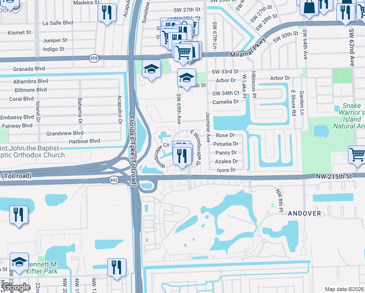 map of restaurants, bars, coffee shops, grocery stores, and more near 6912 Southwest 37th Street in Miramar