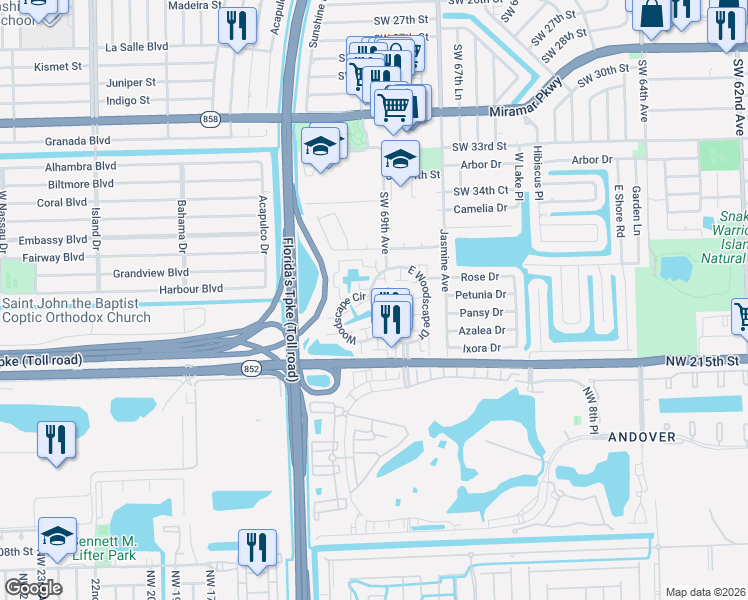 map of restaurants, bars, coffee shops, grocery stores, and more near 6912 Southwest 37th Street in Miramar