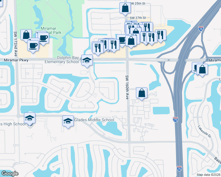 map of restaurants, bars, coffee shops, grocery stores, and more near 16210 Southwest 36th Street in Miramar