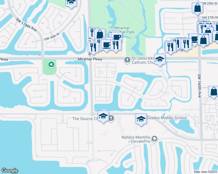 map of restaurants, bars, coffee shops, grocery stores, and more near 16995 Southwest 38th Street in Miramar