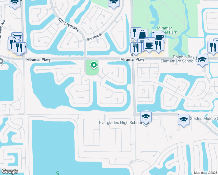 map of restaurants, bars, coffee shops, grocery stores, and more near 17426 Southwest 33rd Court in Miramar