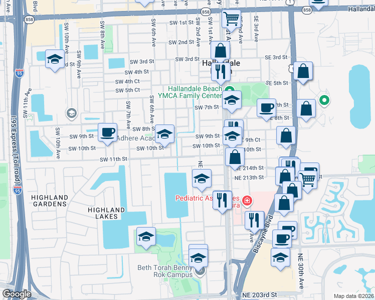map of restaurants, bars, coffee shops, grocery stores, and more near 215 Southwest 9th Street in Hallandale Beach