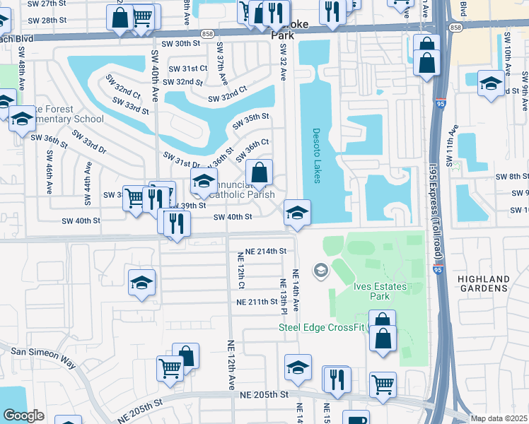 map of restaurants, bars, coffee shops, grocery stores, and more near 3931 Southwest 34th Avenue in West Park