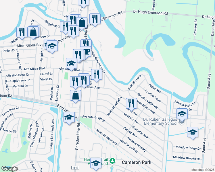 map of restaurants, bars, coffee shops, grocery stores, and more near 2550-2830 Avenida Rancho Viejo in Brownsville