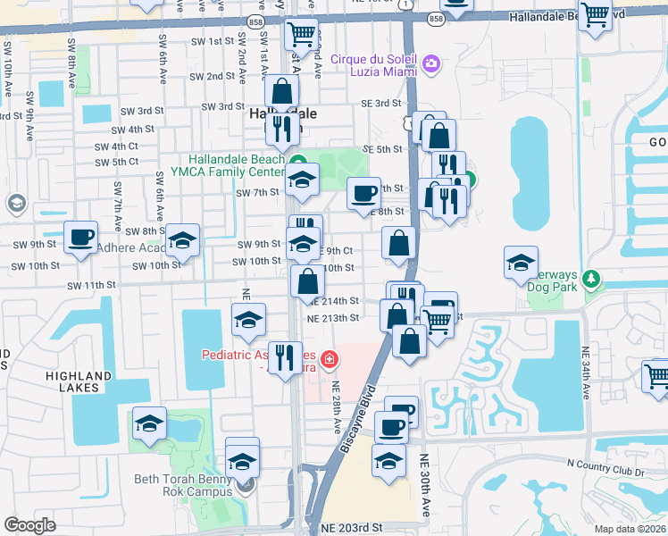 map of restaurants, bars, coffee shops, grocery stores, and more near 116 Southeast 9th Court in Hallandale Beach