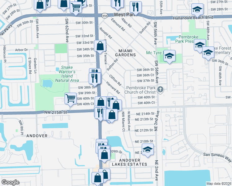 map of restaurants, bars, coffee shops, grocery stores, and more near 122 Clifton Road in West Park
