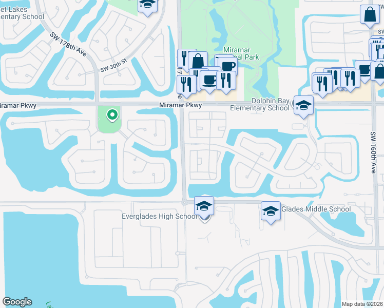 map of restaurants, bars, coffee shops, grocery stores, and more near 17107 Southwest 38th Street in Miramar