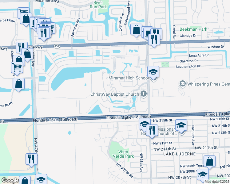 map of restaurants, bars, coffee shops, grocery stores, and more near 3468 Cluster Road in Miramar