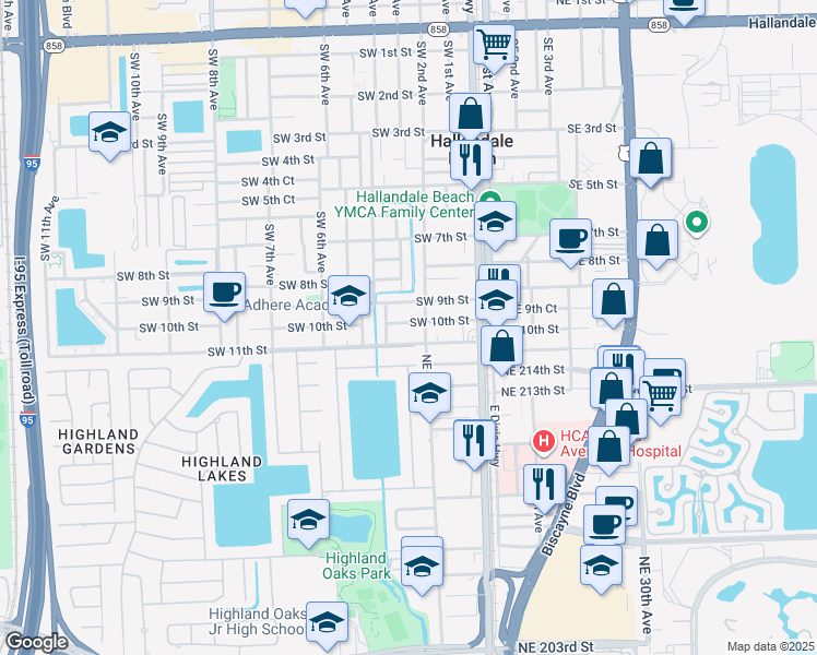 map of restaurants, bars, coffee shops, grocery stores, and more near 215 Southwest 9th Street in Hallandale Beach